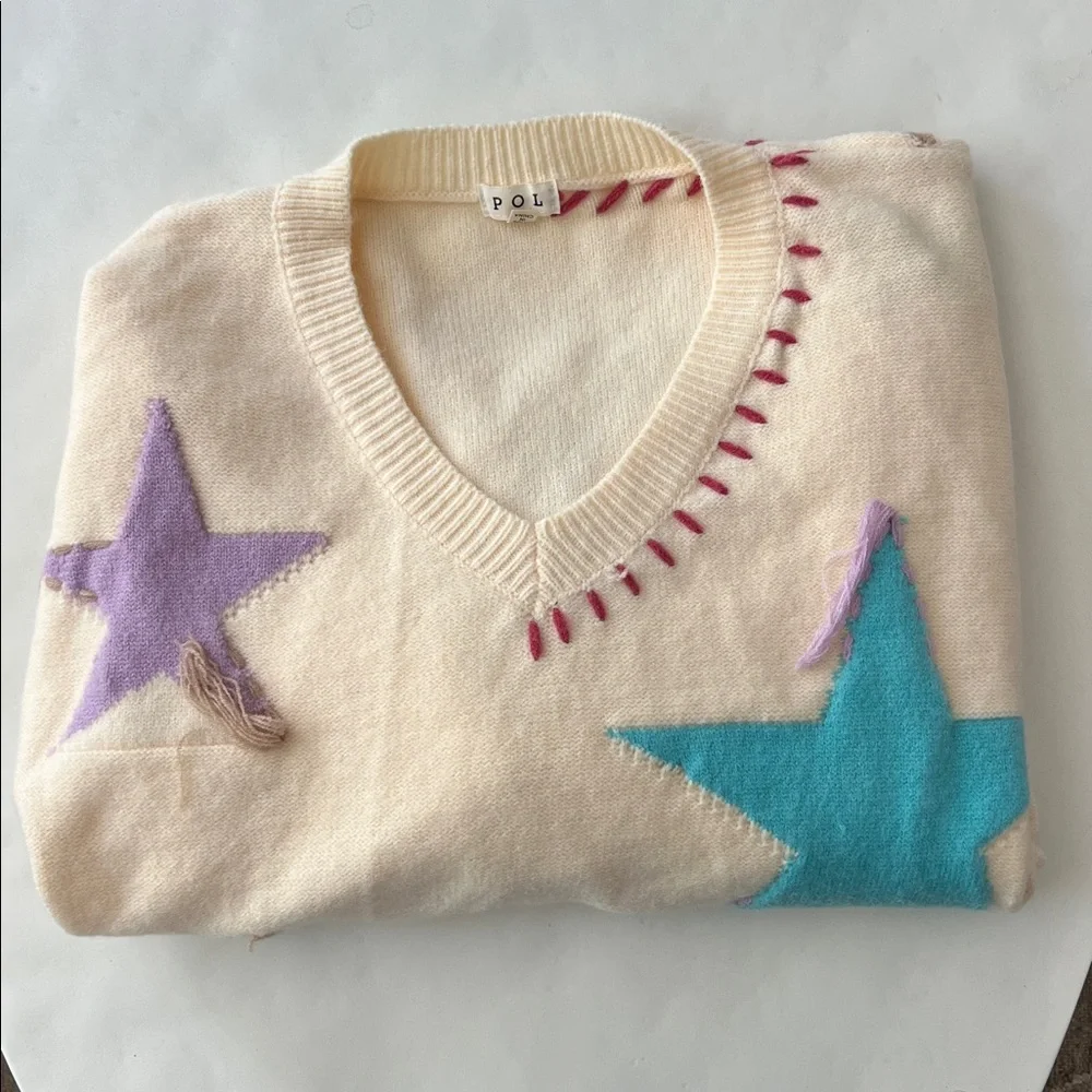 POL Patchwork Star Sweater - Beige V Neck Thick Knit Size Medium - Picture 11 of 12
